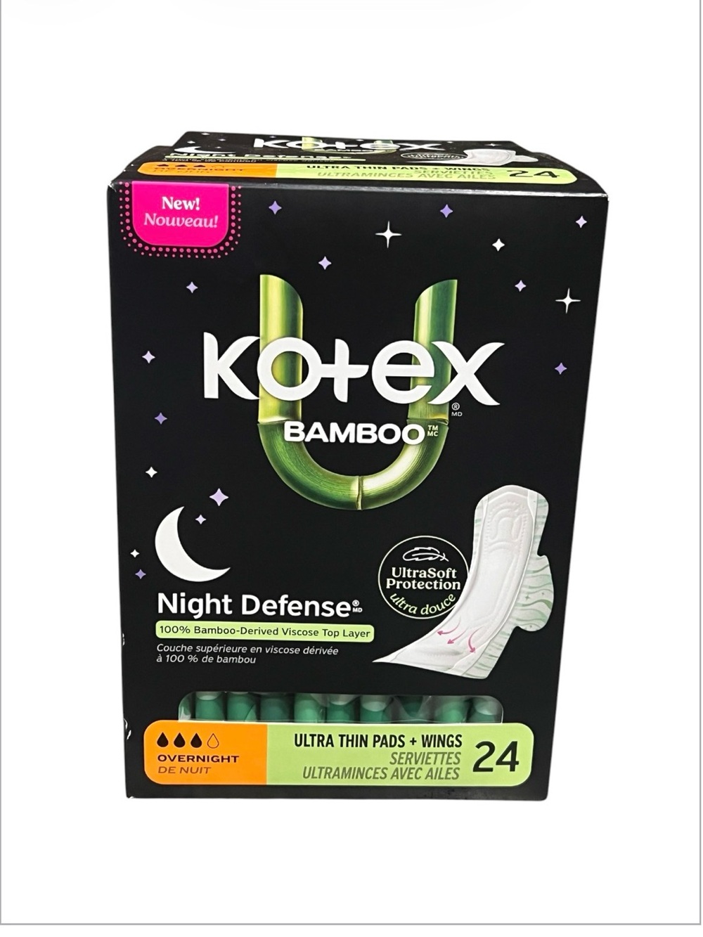 U by Kotex Bamboo Night Defense Overnight Pads with Wings - Black/Green 24 count